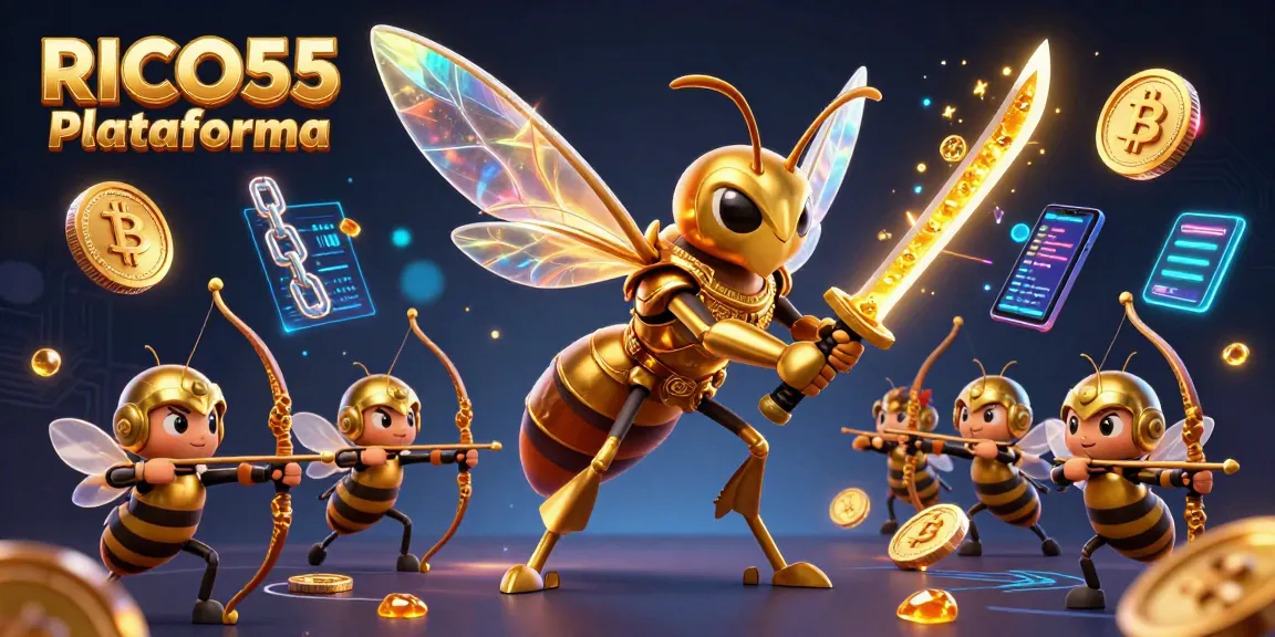Experience the excitement of RICO55 Plataforma with dynamic casino elements and vibrant 3D illustration.