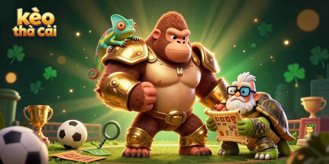 Engage with kèo nhà cái in this vibrant 3D scene featuring a gorilla king, chameleon, and tortoise.