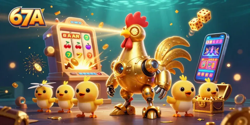 Engage with 67A's thrilling jackpot scene featuring a golden rooster robot and baby chick drones.
