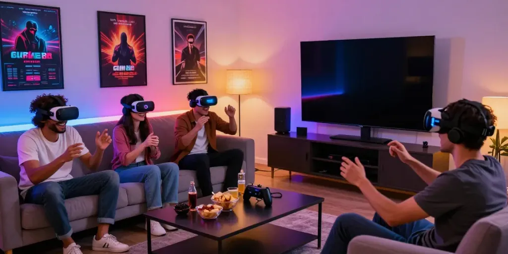 Friends enjoying gem88 gaming experience in a vibrant living room setting.