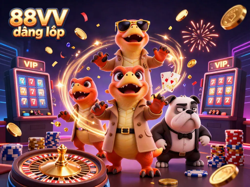 Experience 88VV đăng nhập in a vibrant casino scene, where cartoon raptors cleverly disguise as a tall player.