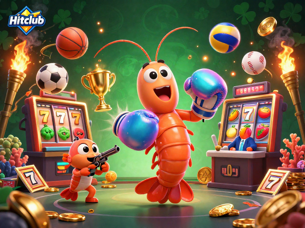 Hitclub showcases an exciting scene with a mantis shrimp and its friends among vibrant slot machine reels, flying sports balls, and a golden trophy.