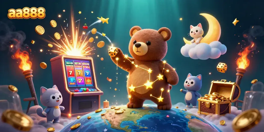 Experience the thrills of aa888 with casino games and vibrant characters celebrating wins.