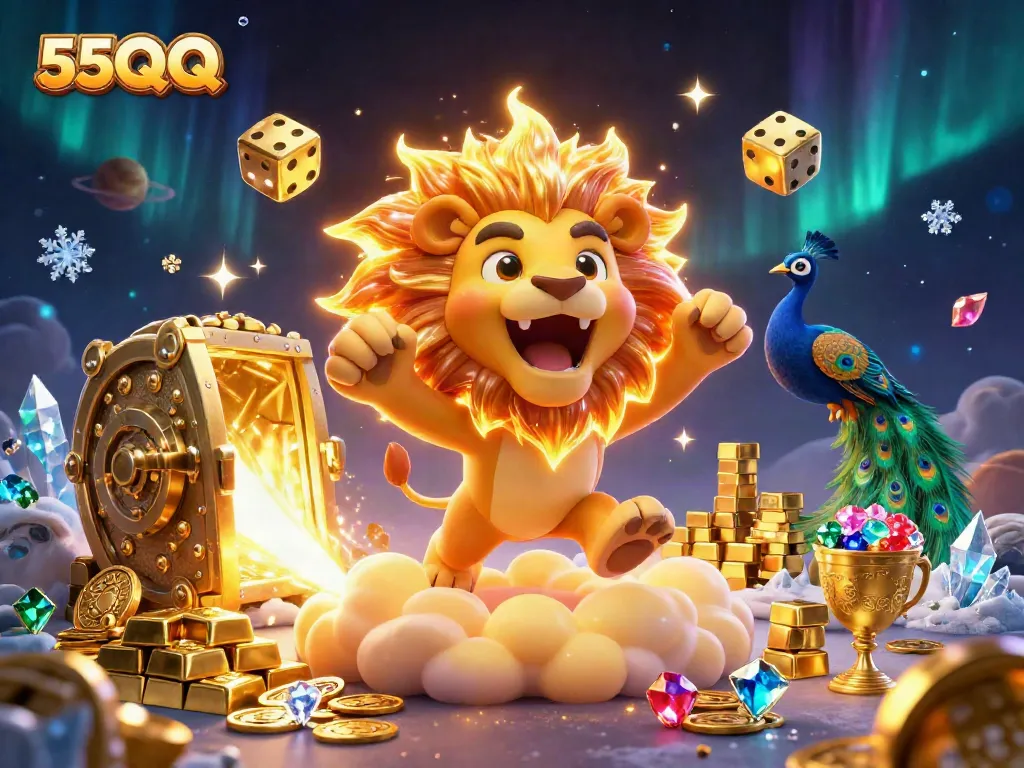 Experience thrilling wins with 55QQ in this vibrant casino-themed illustration.