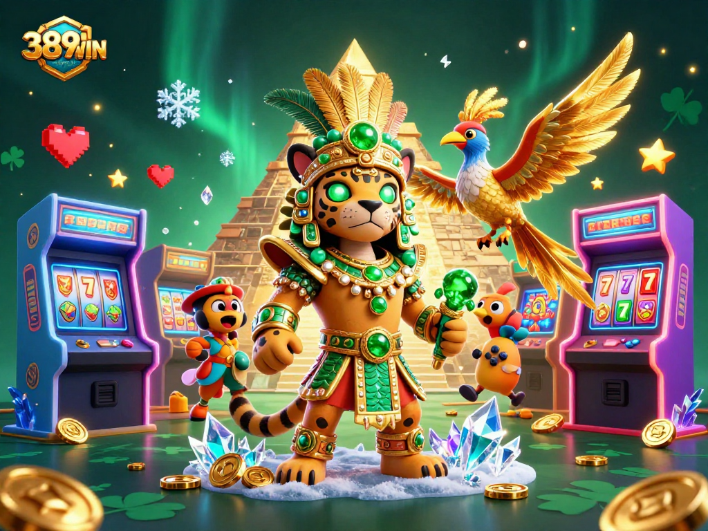 Spin to win with 389WIN’s vibrant casino scene featuring mythical characters and dynamic game elements.