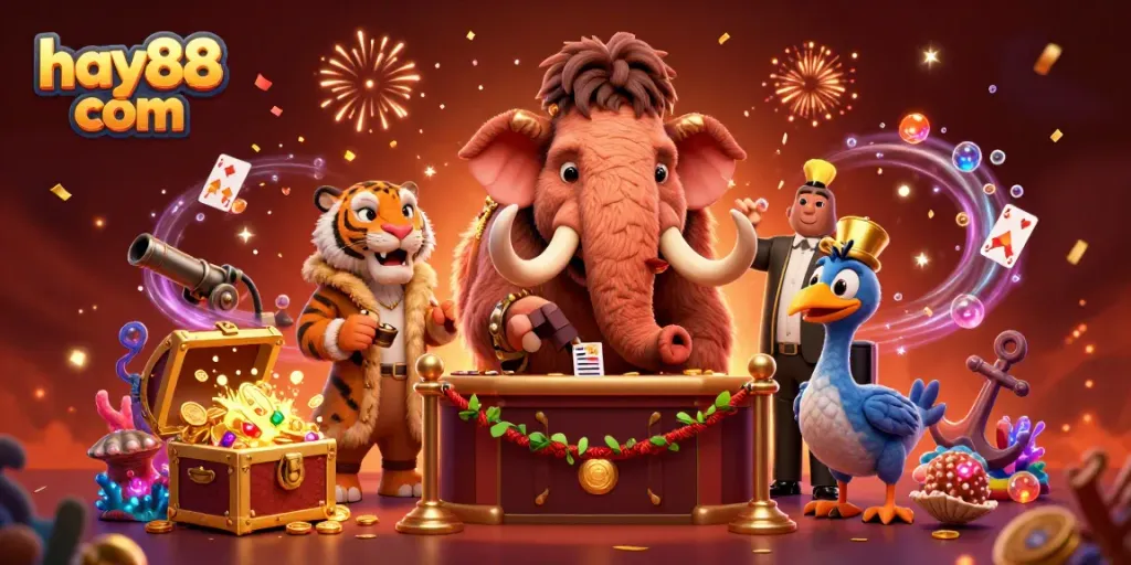 Experience excitement at hay88 com with a vibrant casino scene featuring cartoon characters and dynamic casino elements.