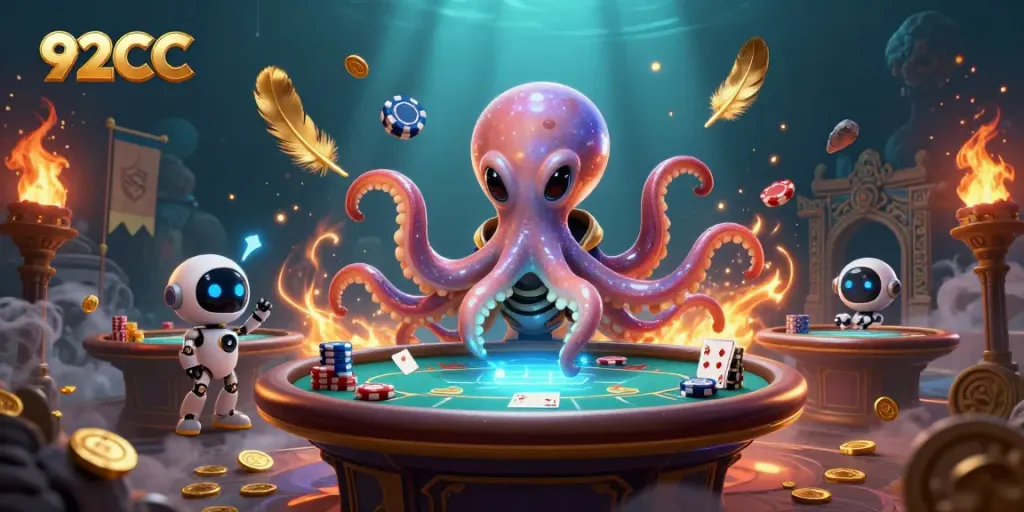 Engage in thrilling poker games at 92CC with an alien octopus dealing cards surrounded by cosmic chips.