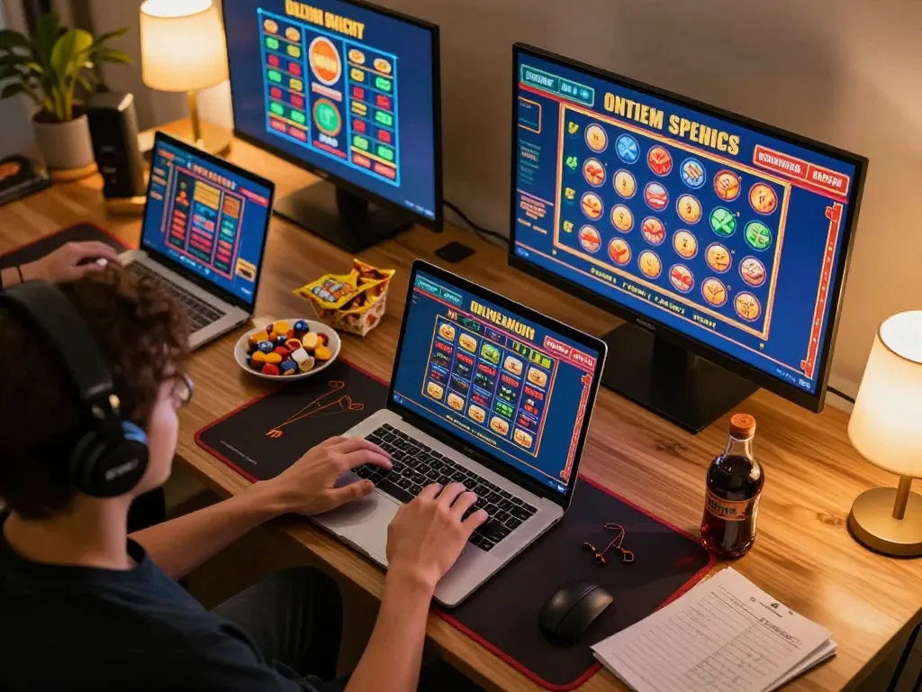 Engaged player using 789BET for online betting with multiple screens showing exciting casino games.