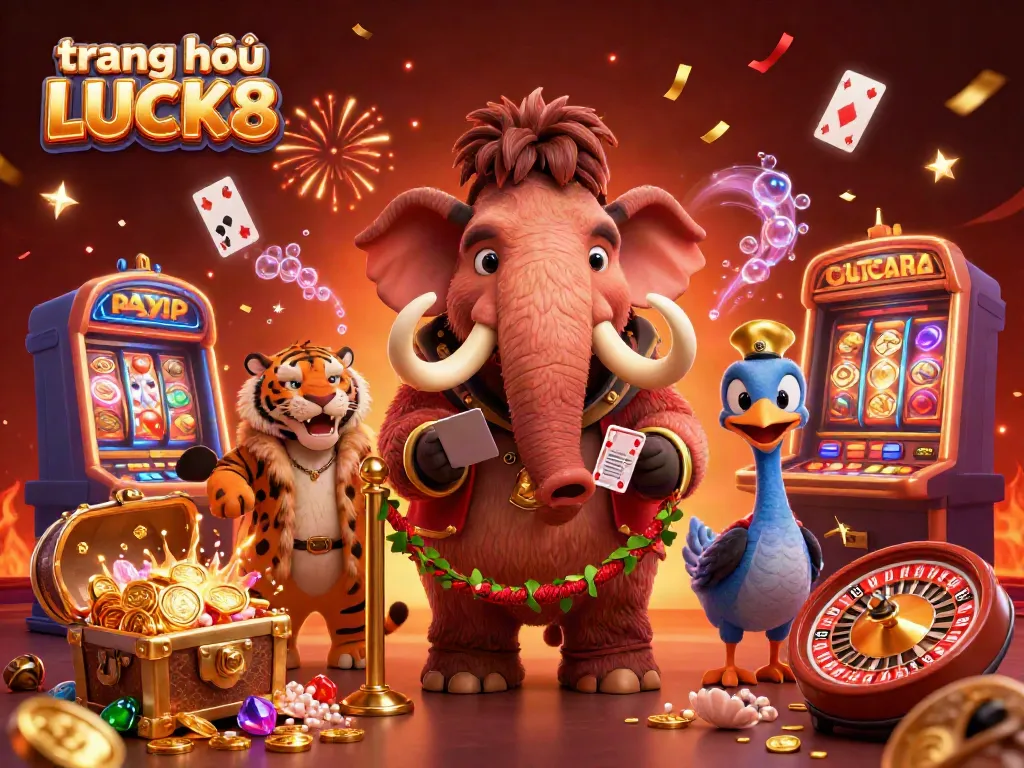 Experience the lively vibrance of trang chủ LUCK8 with a cartoon casino scene featuring a woolly mammoth and a saber-tooth tiger, enriching your betting adventure.