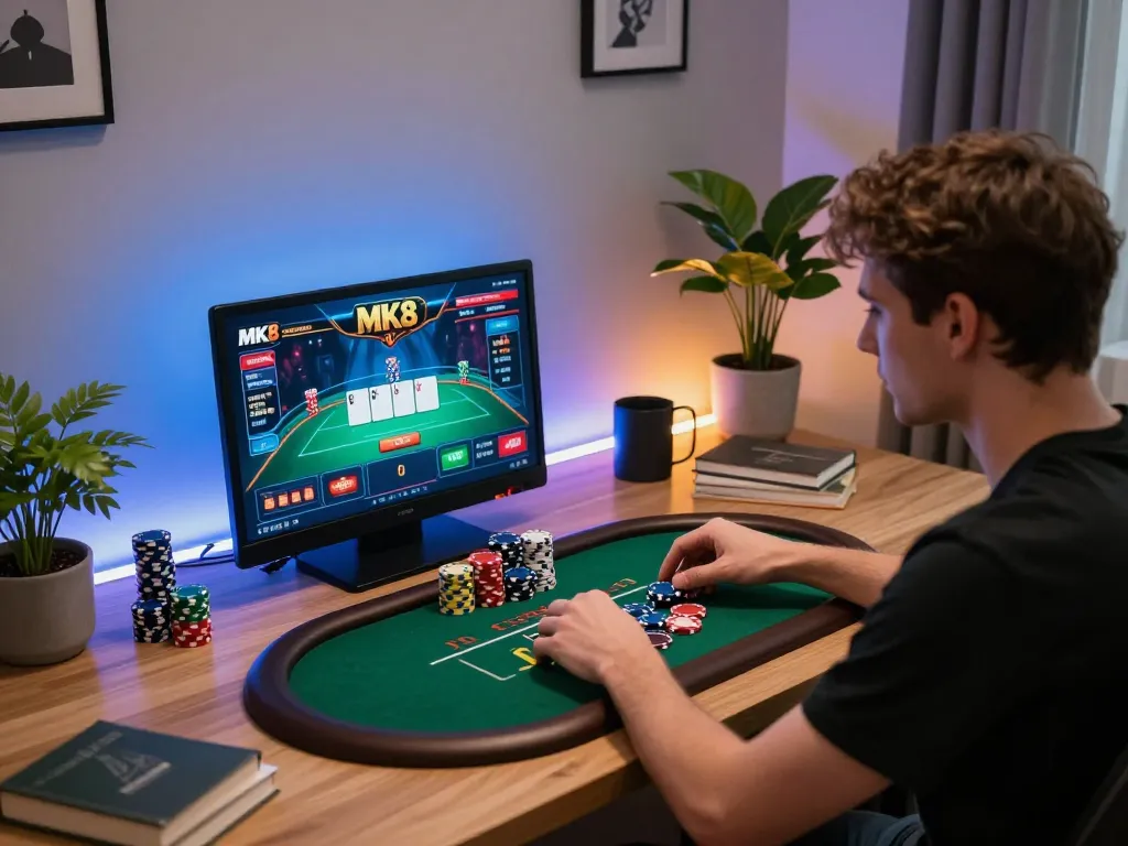 Engaging in MK8 online poker, a player analyzes strategy at a cozy gaming setup.