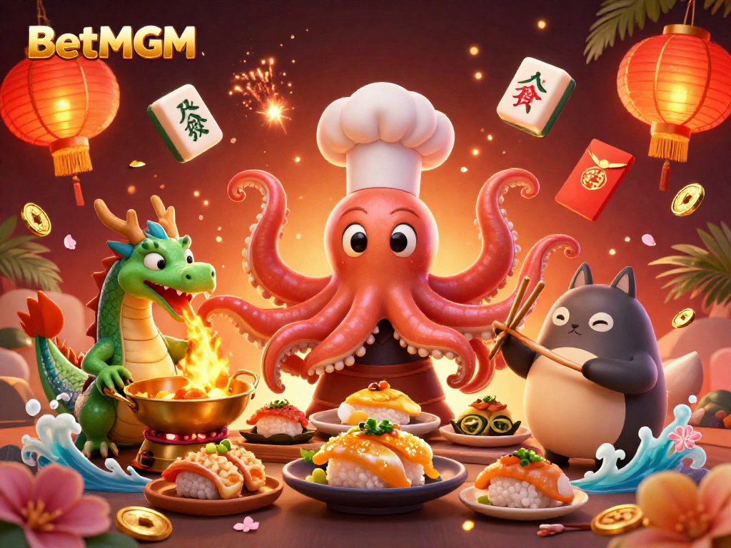 BetMGM branding shines in a vibrant 3D casino scene featuring a sushi octopus chef and a fiery dragon.