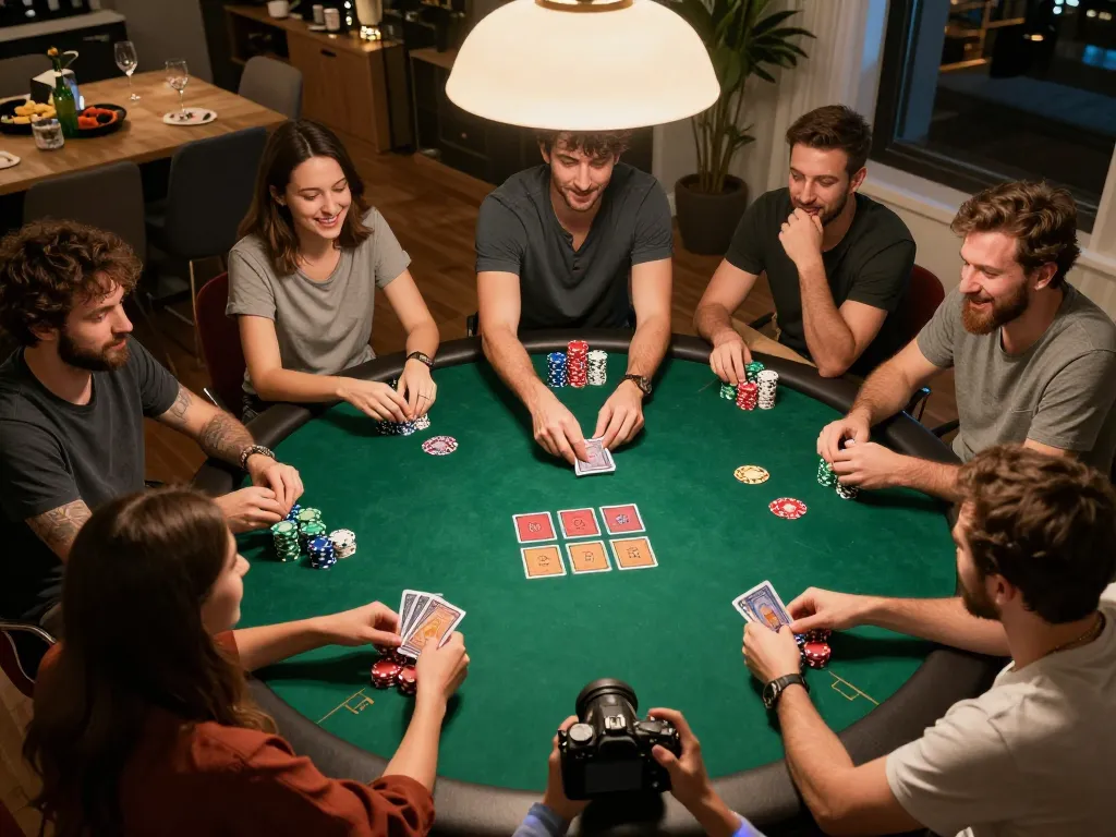 Players engaging in a lively home poker game, featured on https://33cc.info/ showcasing strategic betting moments and colorful chips.