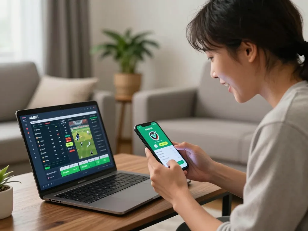 Experience the excitement of sports betting with the AA888 app on a smartphone in a cozy home setting