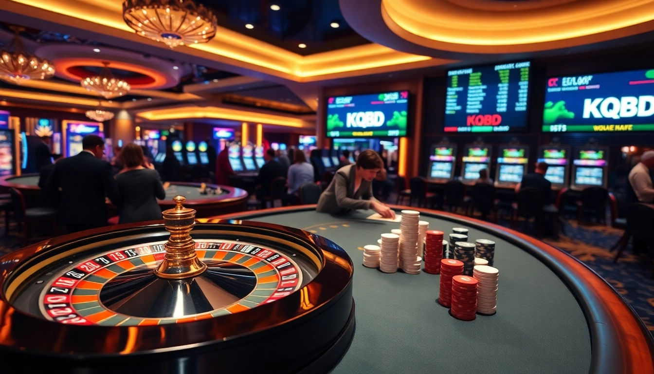 Experience kqbd updates amid a vibrant casino setting with roulette, poker chips, and slot machines.