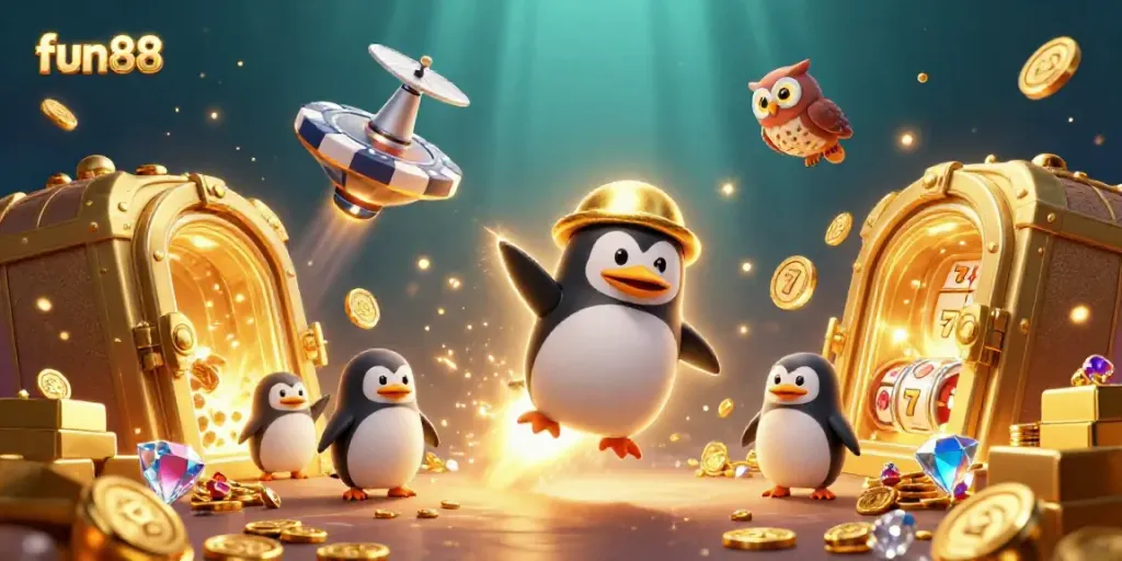 Play casino games like fun88 while witnessing a golden penguin blast into action with treasures.