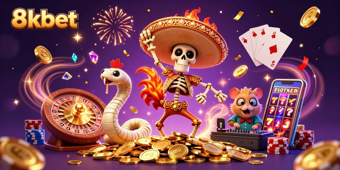 Experience the thrill of winning with 8xbet's vibrant casino scene showcasing gold coins and festive characters.