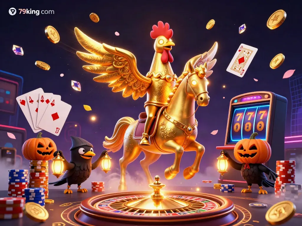Experience dynamic gameplay at 79king com with a golden rooster and casino elements illuminating the scene.