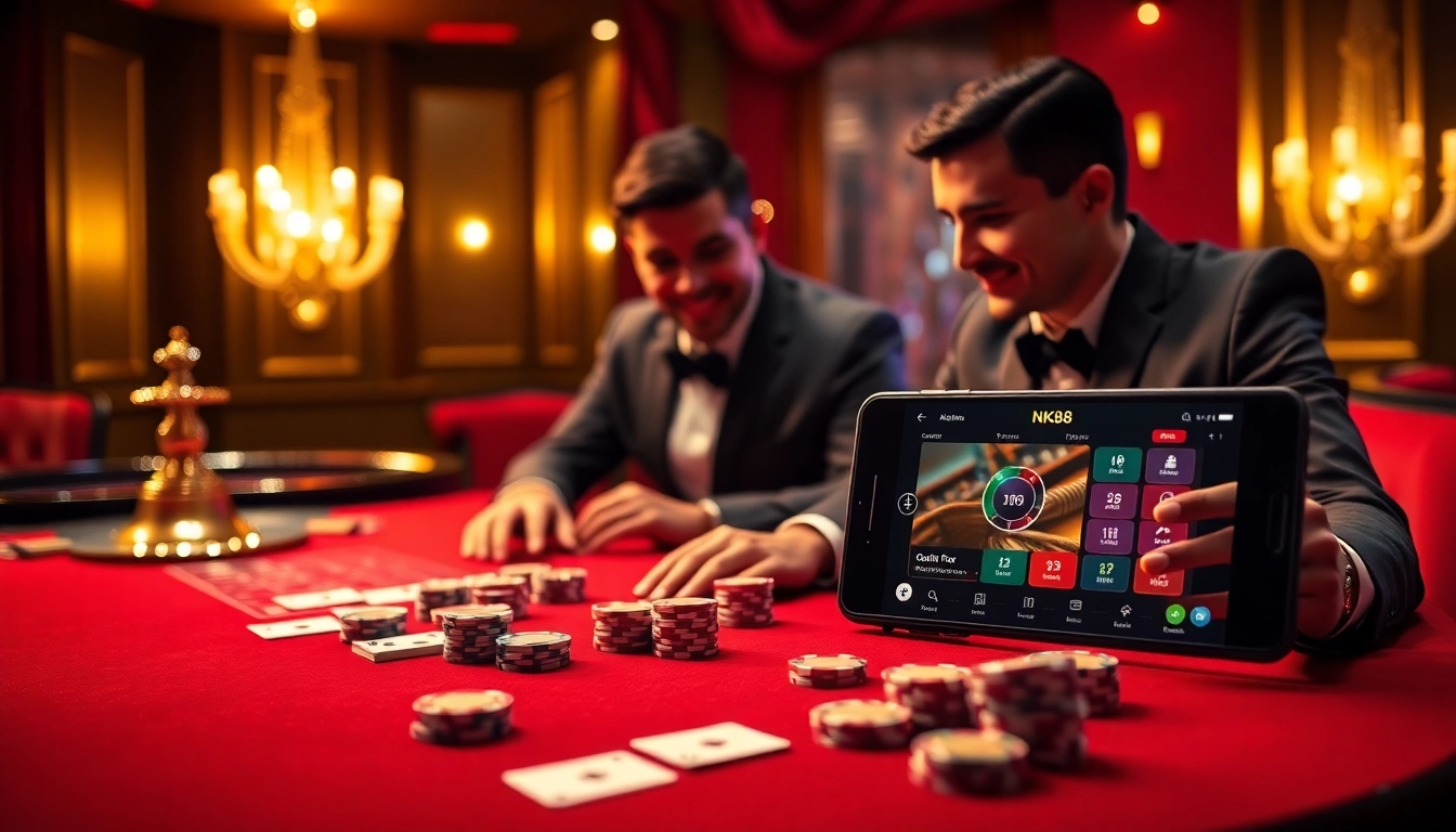 Engaging scene of players betting on NK88's online platform with poker chips and cards.