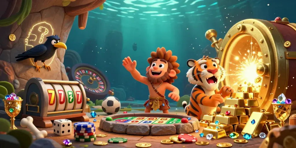 Engage in gambling excitement with nhà cái KK55, featuring prehistoric casino characters and vibrant game symbols.