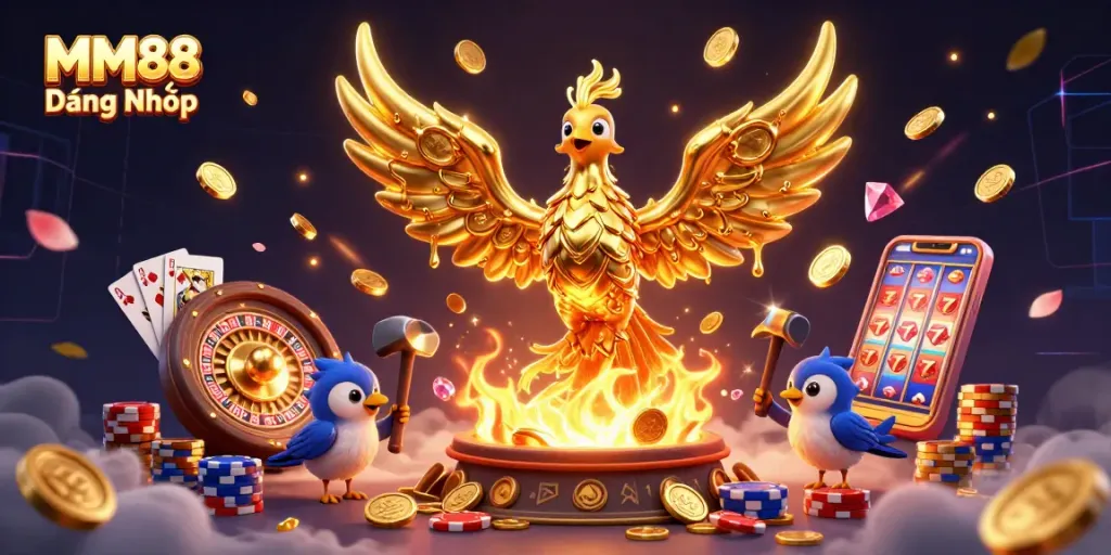 Experience MM88 Đăng Nhập with a rich scene of golden coins, roulette, and vibrant gaming elements.