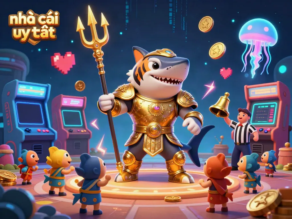 Engage with the vibrant world of nhà cái uy tín, showcasing a thrilling underwater colosseum with an armored shark and interactive gaming elements.