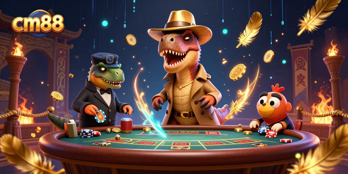 Bet on exciting gaming scenes at cm88, featuring a velociraptor at blackjack with vibrant atmosphere.