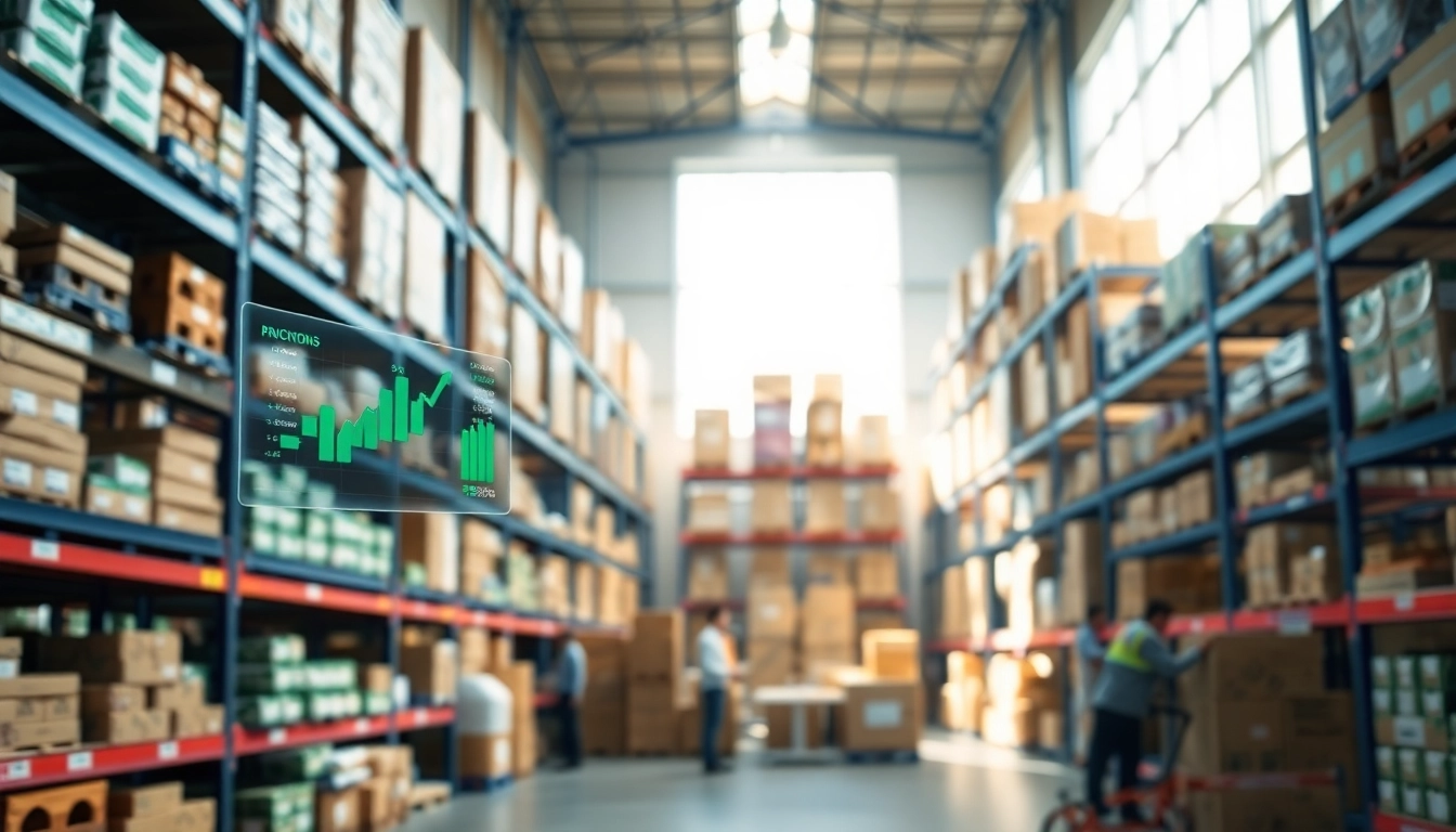 Visual representation of Inventory optimization in a modern warehouse showcasing digital analytics.