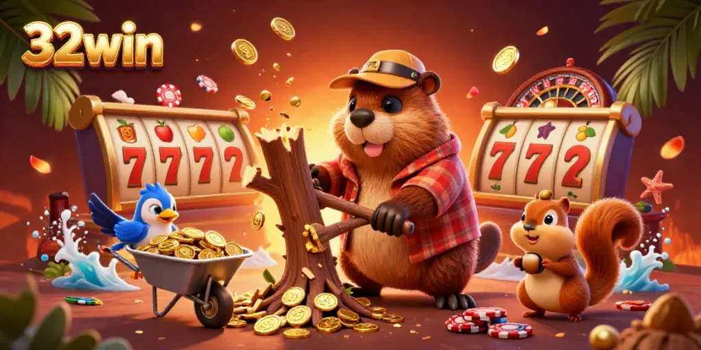 Experience the thrill of 32win with a cartoon beaver, bird, and squirrel in an exciting casino scene.