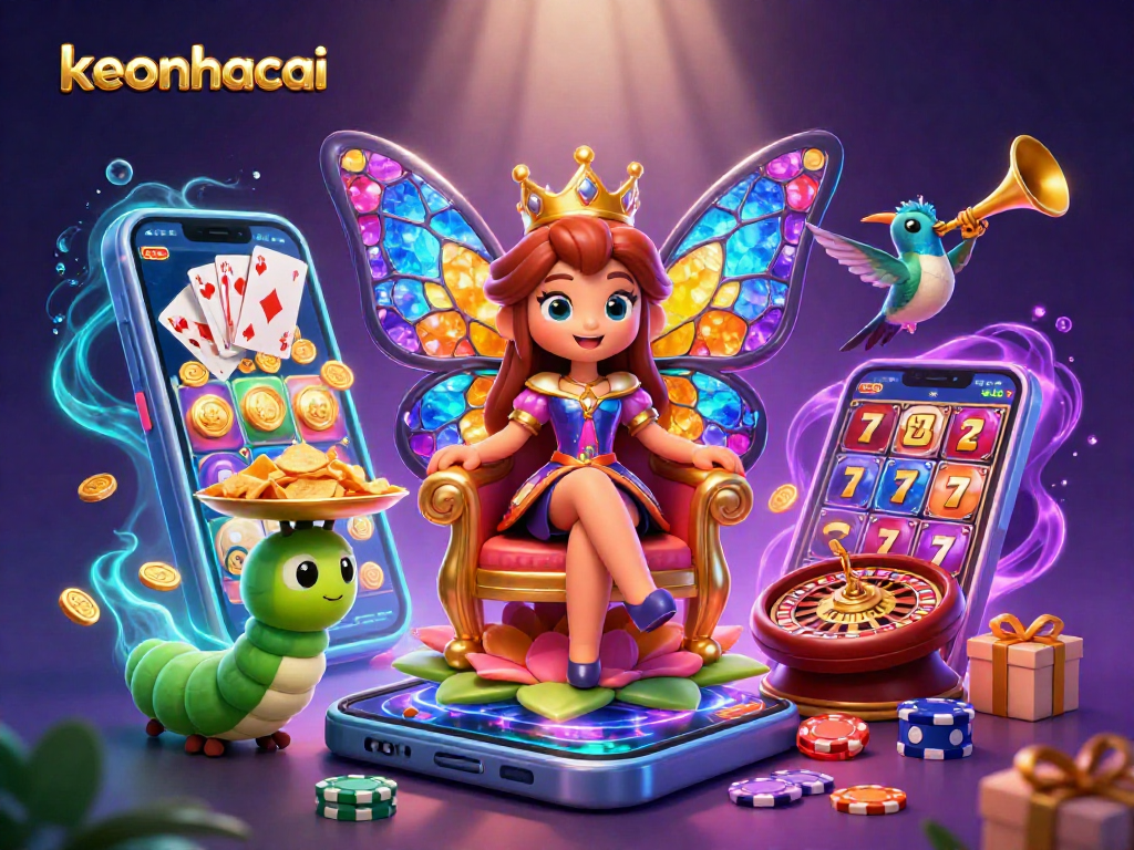 Experience the magic of keonhacai with vibrant casino elements and a colorful butterfly queen.