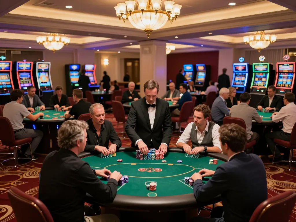 C168 Casino scene with players engaged at poker tables under warm chandeliers.