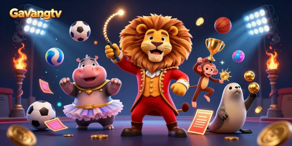 Experience thrilling gaming action with Gavangtv in a colorful, dynamic carnival-themed scene.
