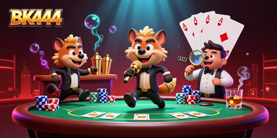 Engage with BK444's thrilling casino experience featuring cartoon hyenas in a vibrant scene.