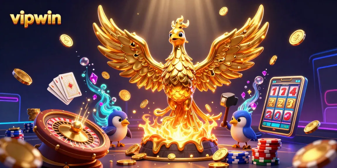 Experience thrilling gameplay with vipwin's animated golden phoenix and casino elements.