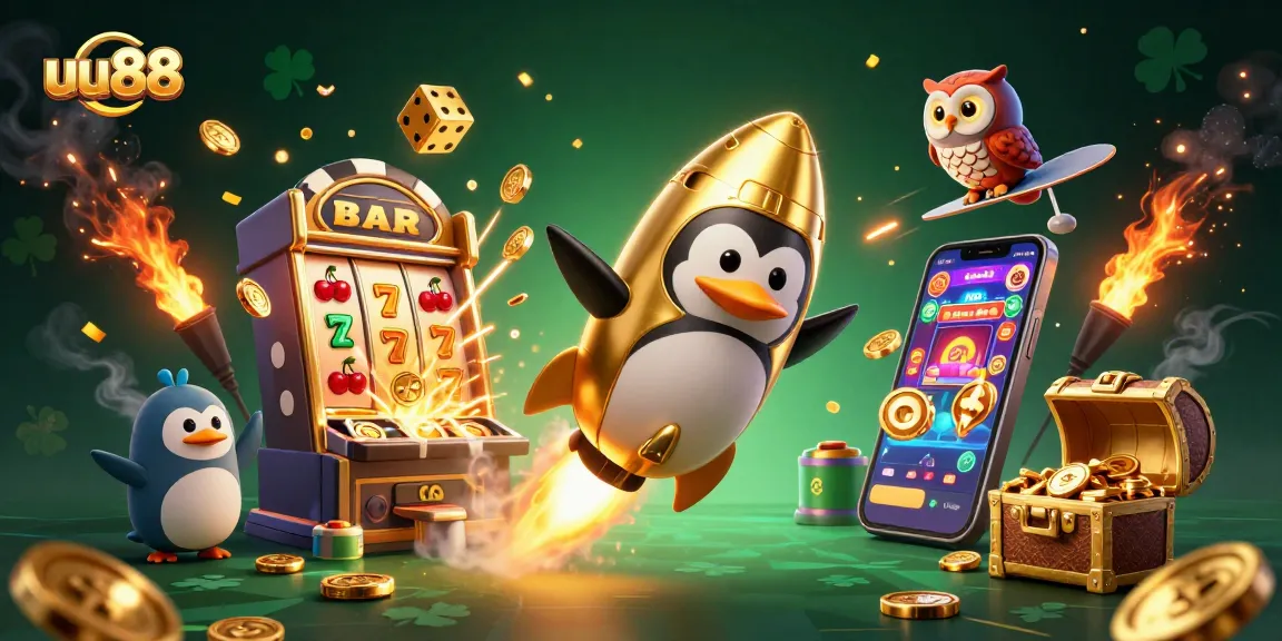 uu88 creates excitement with a rocket-powered penguin and bursting slot machine in this casino scene.