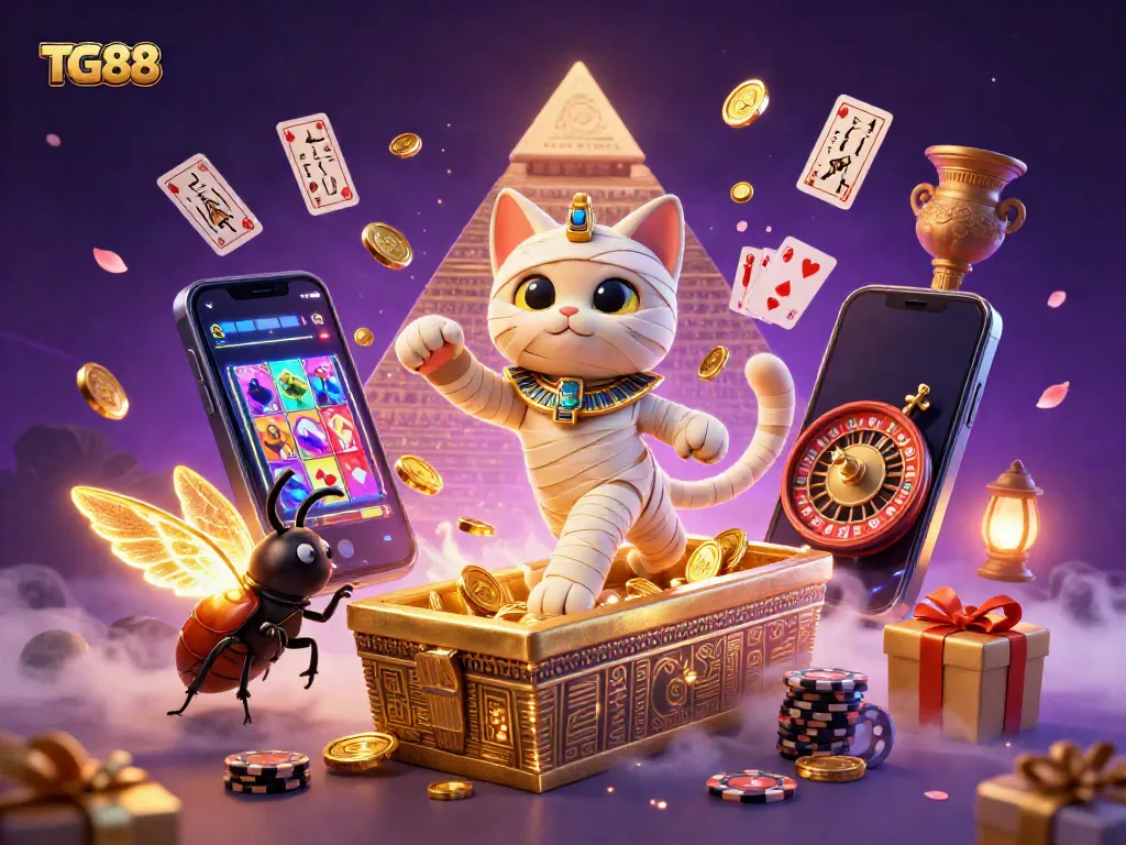 Experience the excitement of TG88 with a vibrant, animated casino scene featuring a mummy cat and dynamic gaming elements.