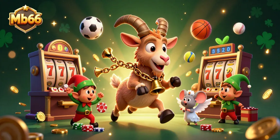 Experience the thrill of Mb66 with a festive casino scene featuring slot machines and lively characters.