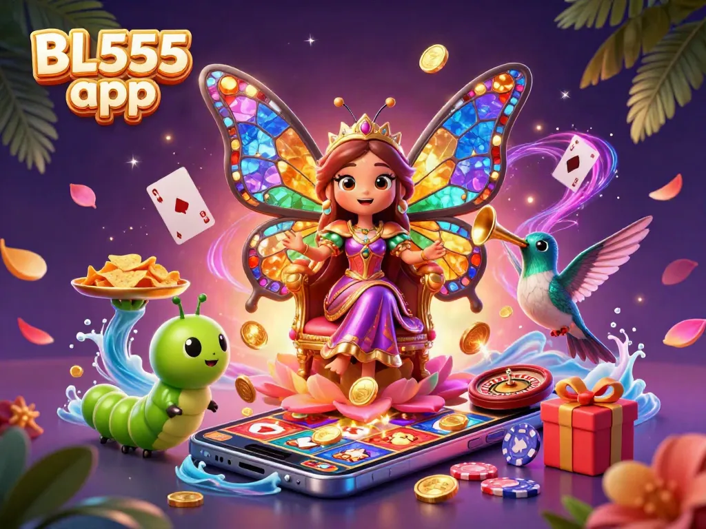 Experience dynamic gameplay with the vibrant BL555 app featuring a cartoon butterfly queen and casino elements.