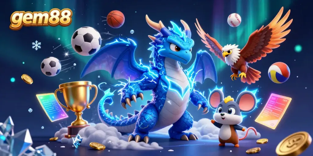 Experience the excitement of gem88 with a legendary dragon, hawk, and mouse amidst a vivid casino scene.
