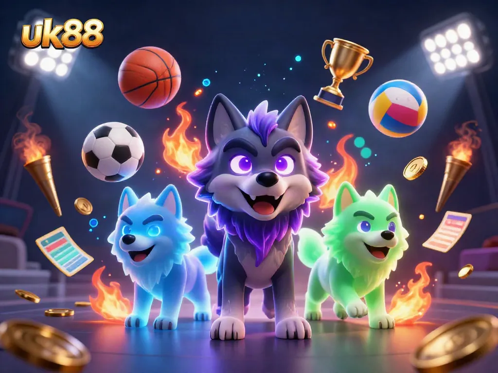 Experience the thrilling atmosphere of uk88 with ghostly wolves, sports action, and vivid casino elements.