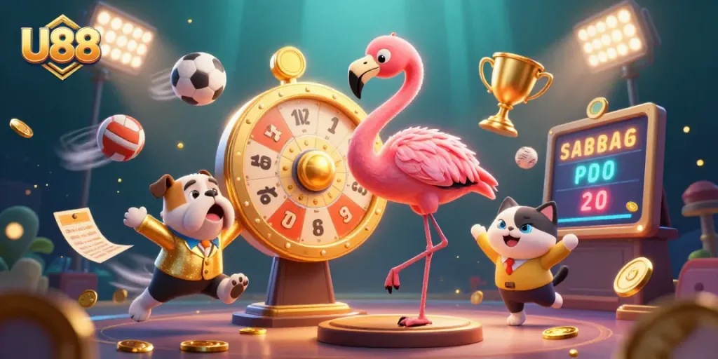 U88 casino game show scene featuring cartoon characters spinning a prize wheel and celebrating wins with flying sports balls.