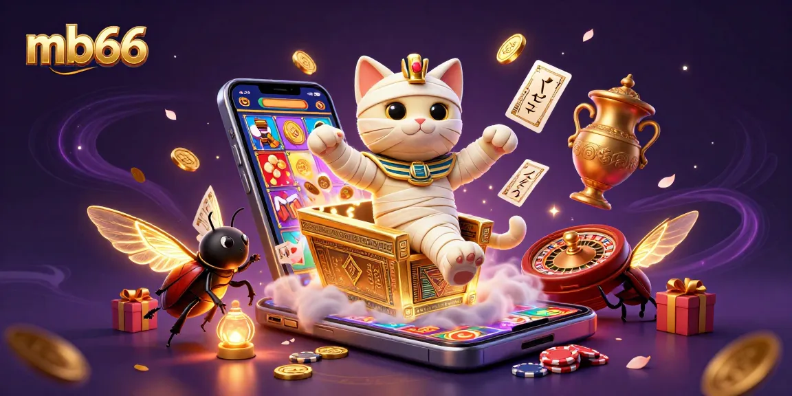 Engage in thrilling gaming at mb66 with an adventurous Egyptian mummy cat bursting from a sarcophagus.