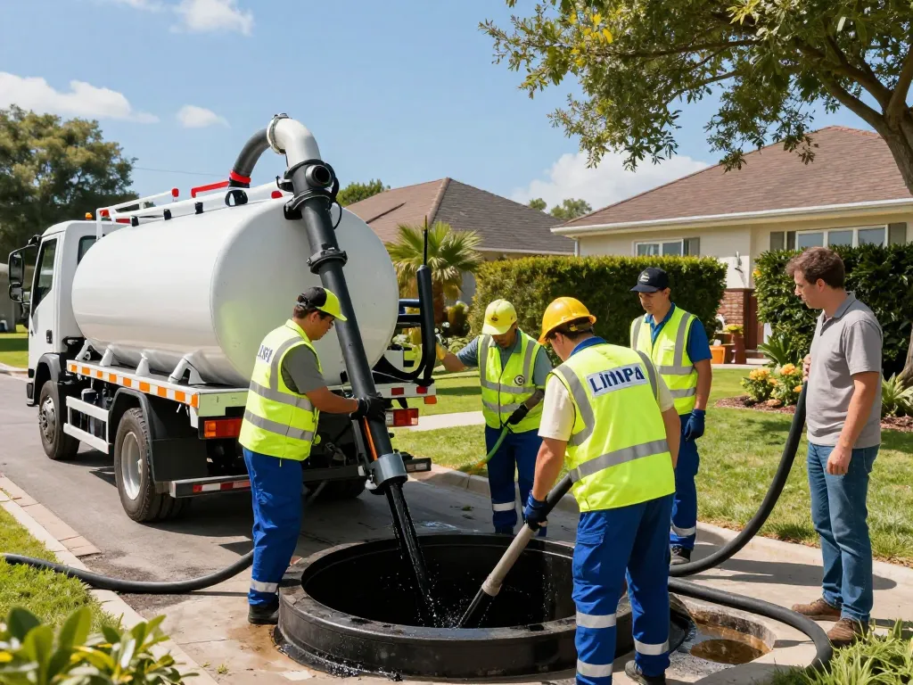 Limpa fossa em São Paulo services with a professional team performing septic tank cleaning in a residential neighborhood.
