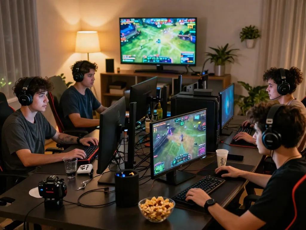 Exciting online gaming atmosphere with players immersed in nbet games at home.