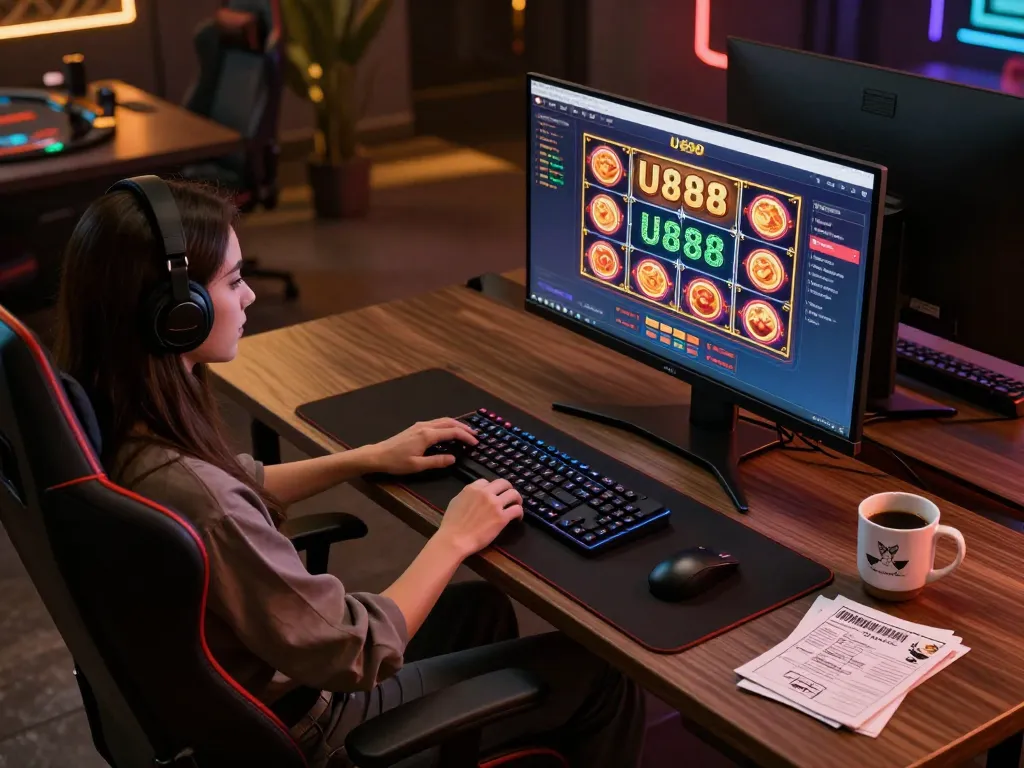 Player engaging with U888 online casino interface in a stylish home gaming setup.