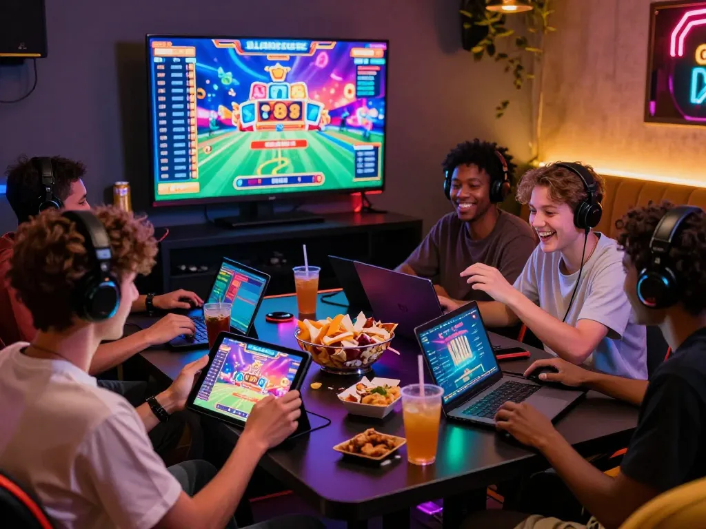 Exciting scene of players enjoying the tr88 game in a vibrant gaming lounge with LED lights and dynamic screens.