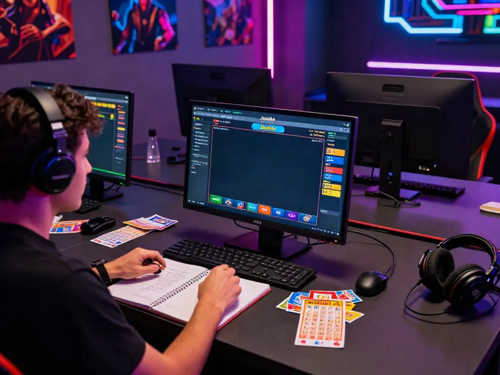 Jogador envolvido no jogo de loteria online Javatoto, com bilhetes e anotações ao redor.