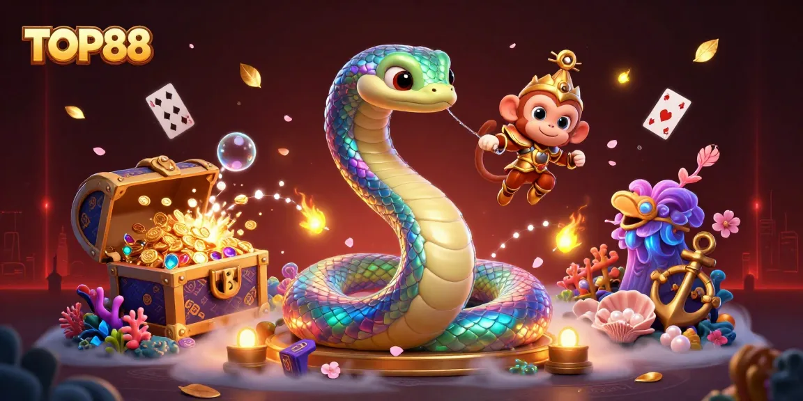 Win big at TOP88 with a vibrant 3D casino illustration showcasing excitement and treasure.