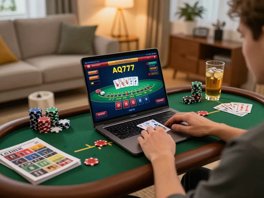 Um jogador interage com os jogos de cassino AQ777 em um laptop em um ambiente aconchegante, mostrando jogabilidade estratégica.