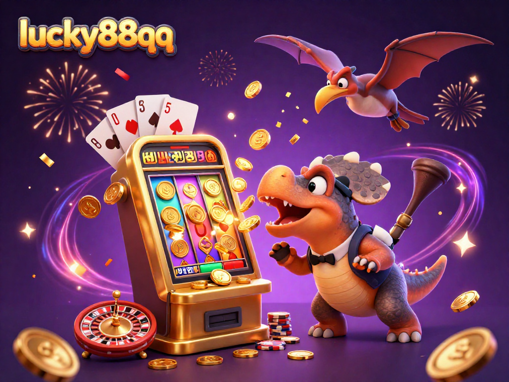 Experience the thrill of lucky88qq as a pachycephalosaurus wins with a jackpot, surrounded by dazzling casino elements.