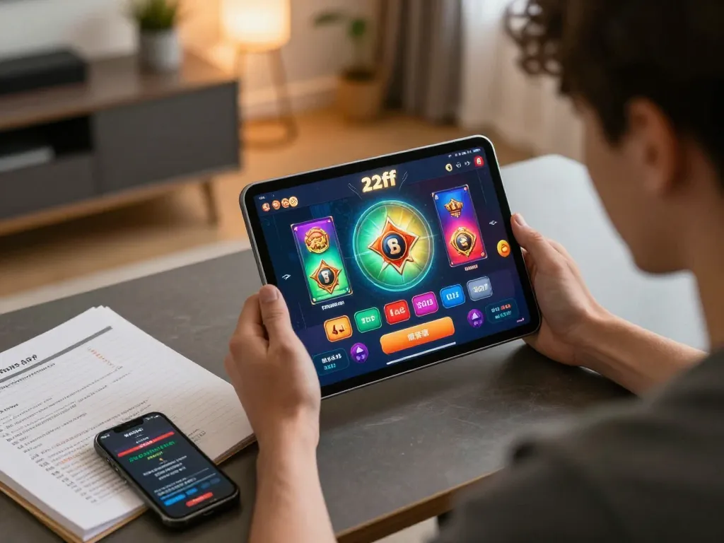 Engaging gameplay on the 22ff app with a player analyzing bets in a cozy home setting